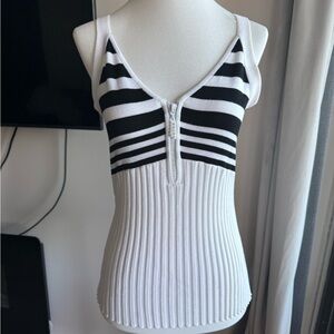 Belldini Black & White Striped Ribbed Zip-Front Tank